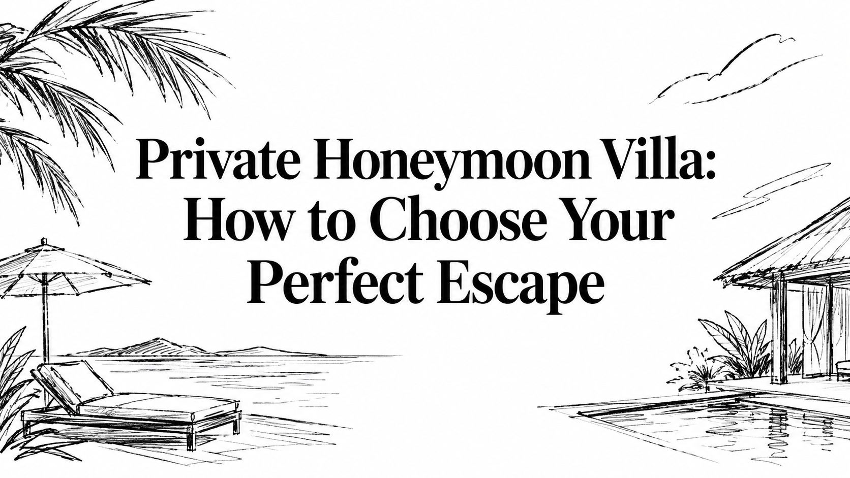 Editorial ink sketch of a poolside villa, lounger and palm titled ‘Private Honeymoon Villa: How to Choose Your Perfect Escape’ | HauteBlack