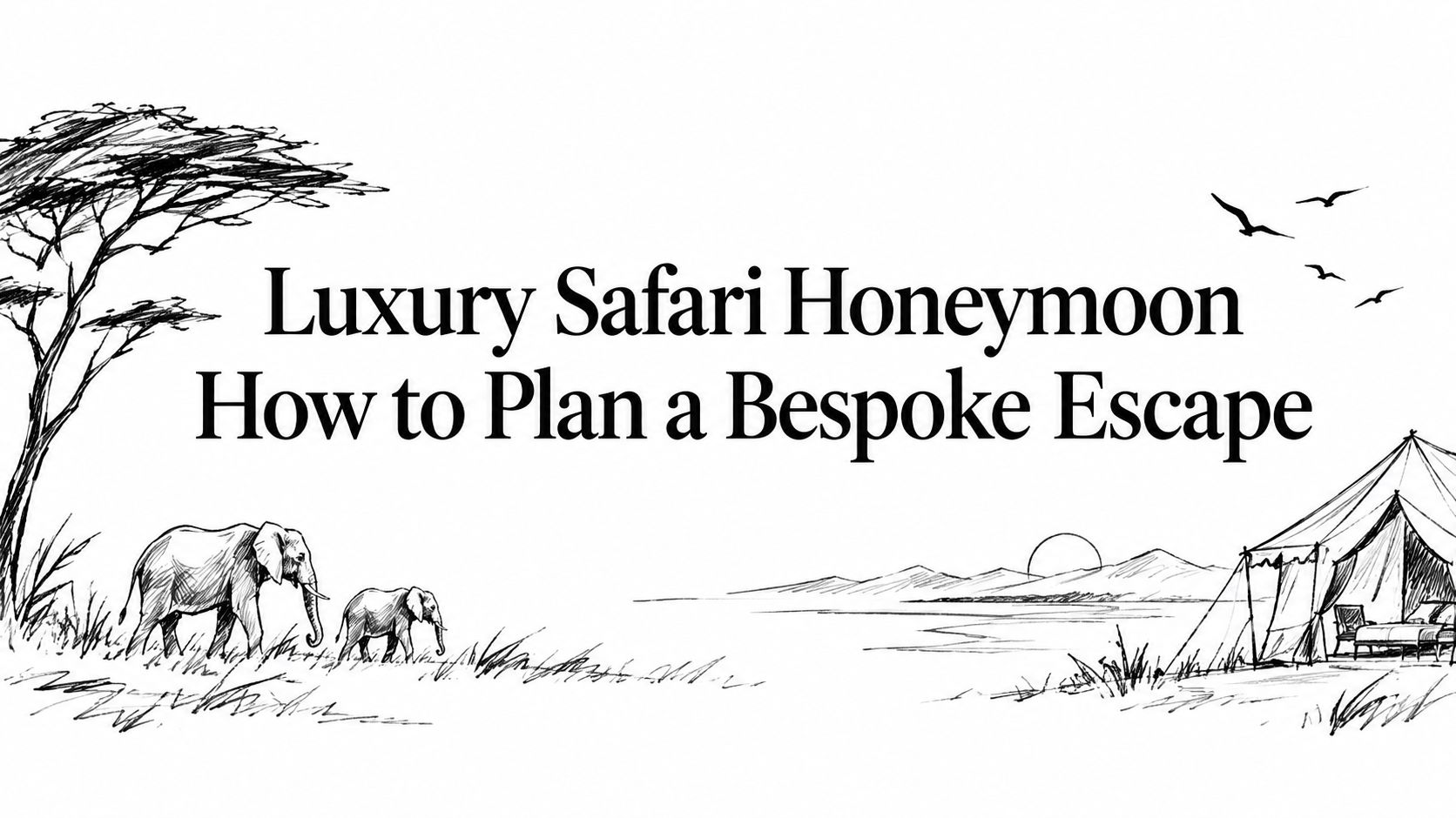 Editorial ink sketch of acacia trees, elephants and a tented camp titled ‘Luxury Safari Honeymoon How to Plan a Bespoke Escape’ | HauteBlack