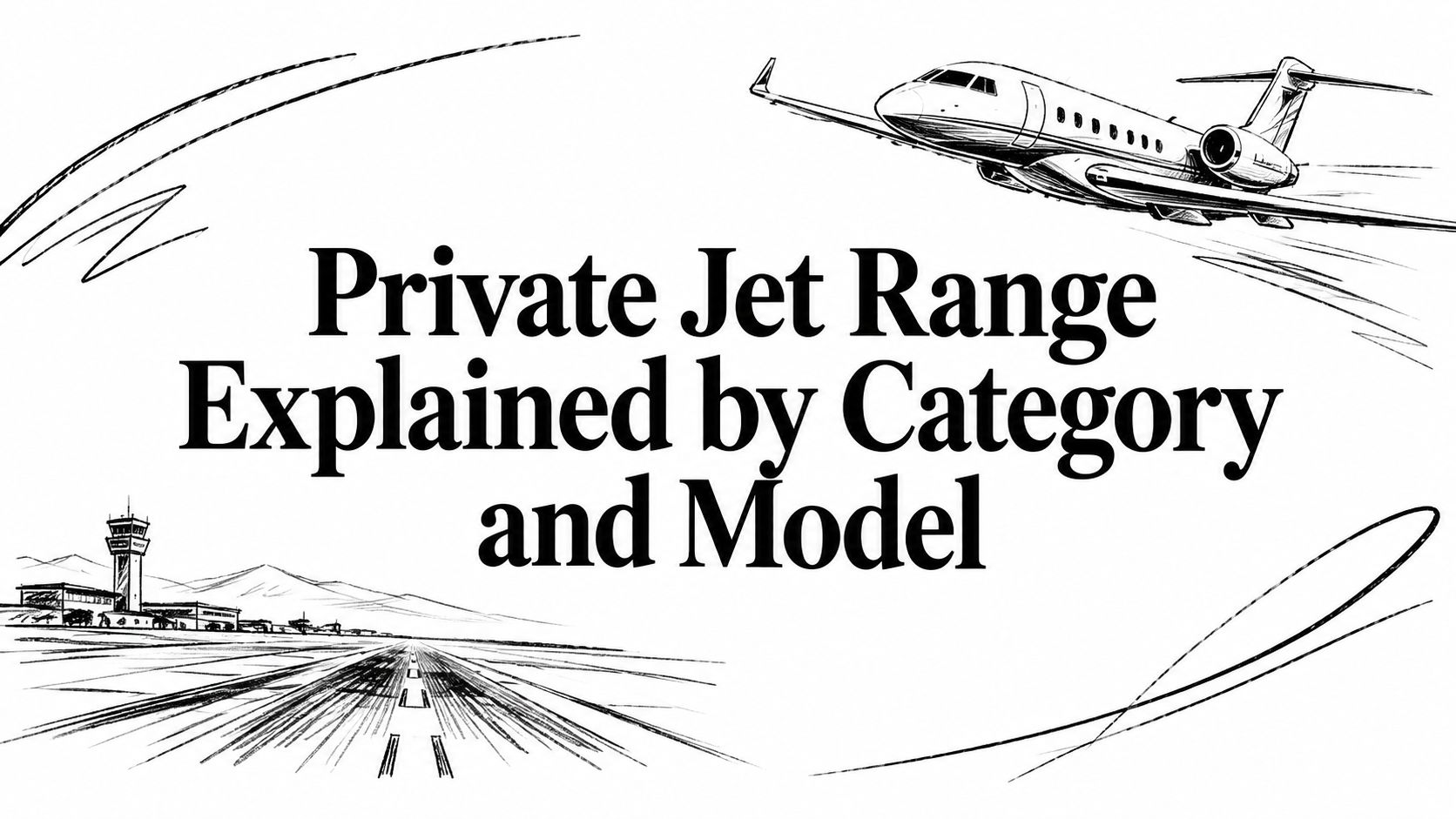 Editorial ink sketch of a business jet climbing above a runway and control tower titled ‘Private Jet Range Explained by Category and Model’ | HauteBlack