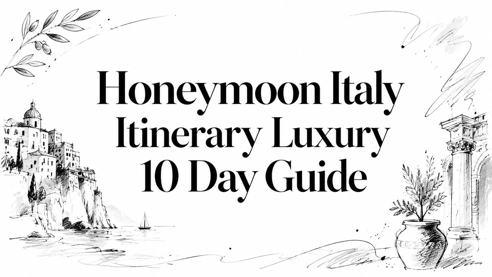 Editorial ink sketch of a clifftop Italian village, sailboat, olive branch and classical column titled ‘Honeymoon Italy Itinerary Luxury 10 Day Guide’ | HauteBlack