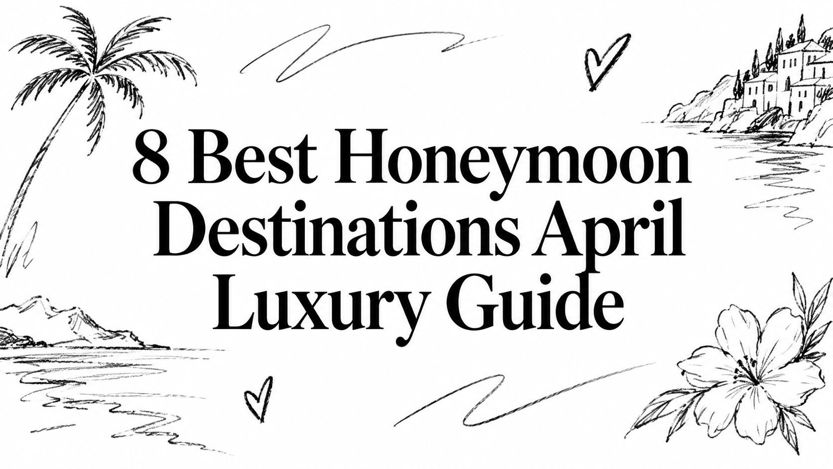 Editorial ink sketch of a palm, coastline, clifftop villa and hibiscus titled ‘8 Best Honeymoon Destinations April Luxury Guide’ | HauteBlack