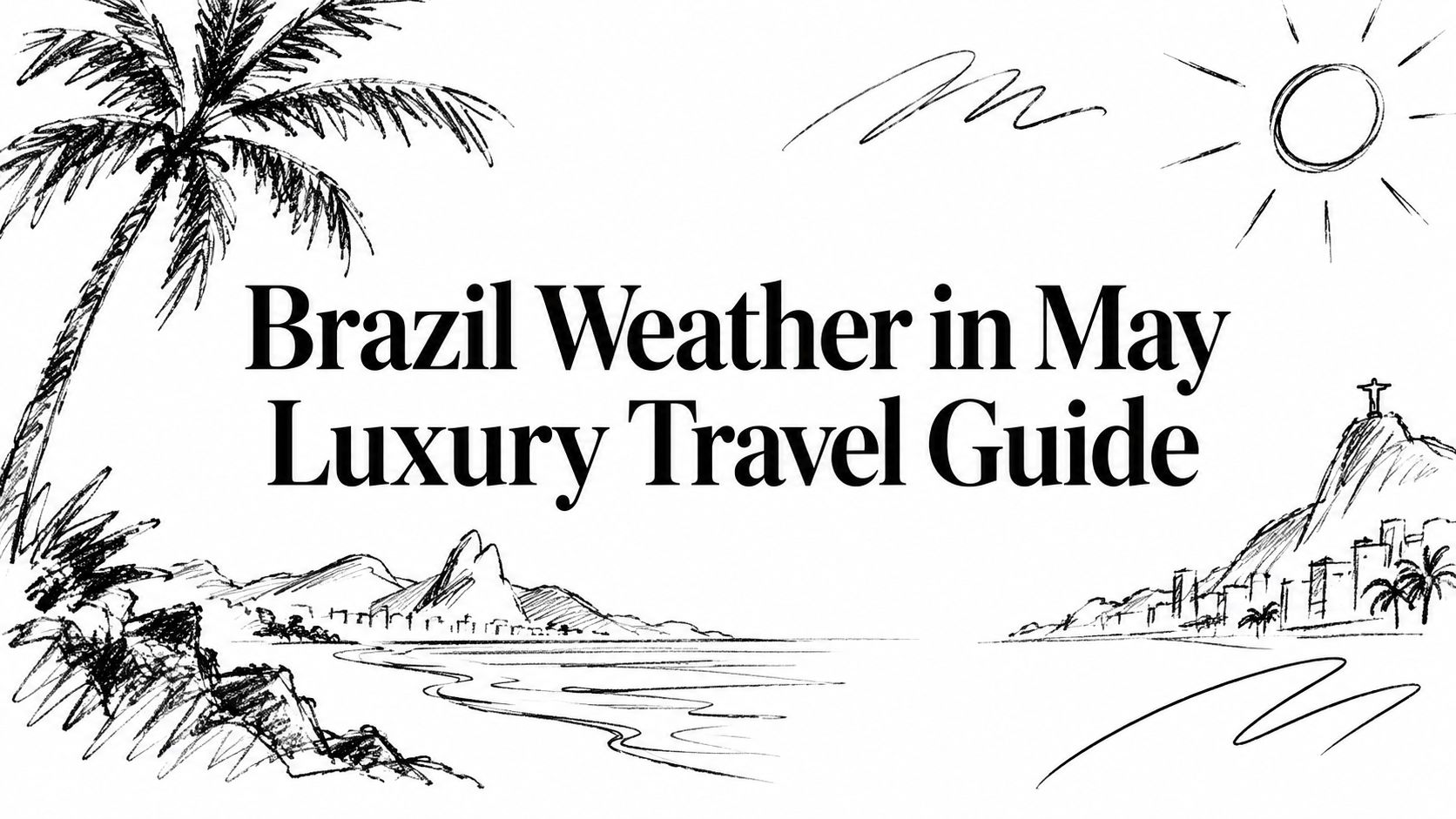 Editorial ink sketch of palms, Rio shoreline and Christ the Redeemer titled ‘Brazil Weather in May Luxury Travel Guide’ | HauteBlack