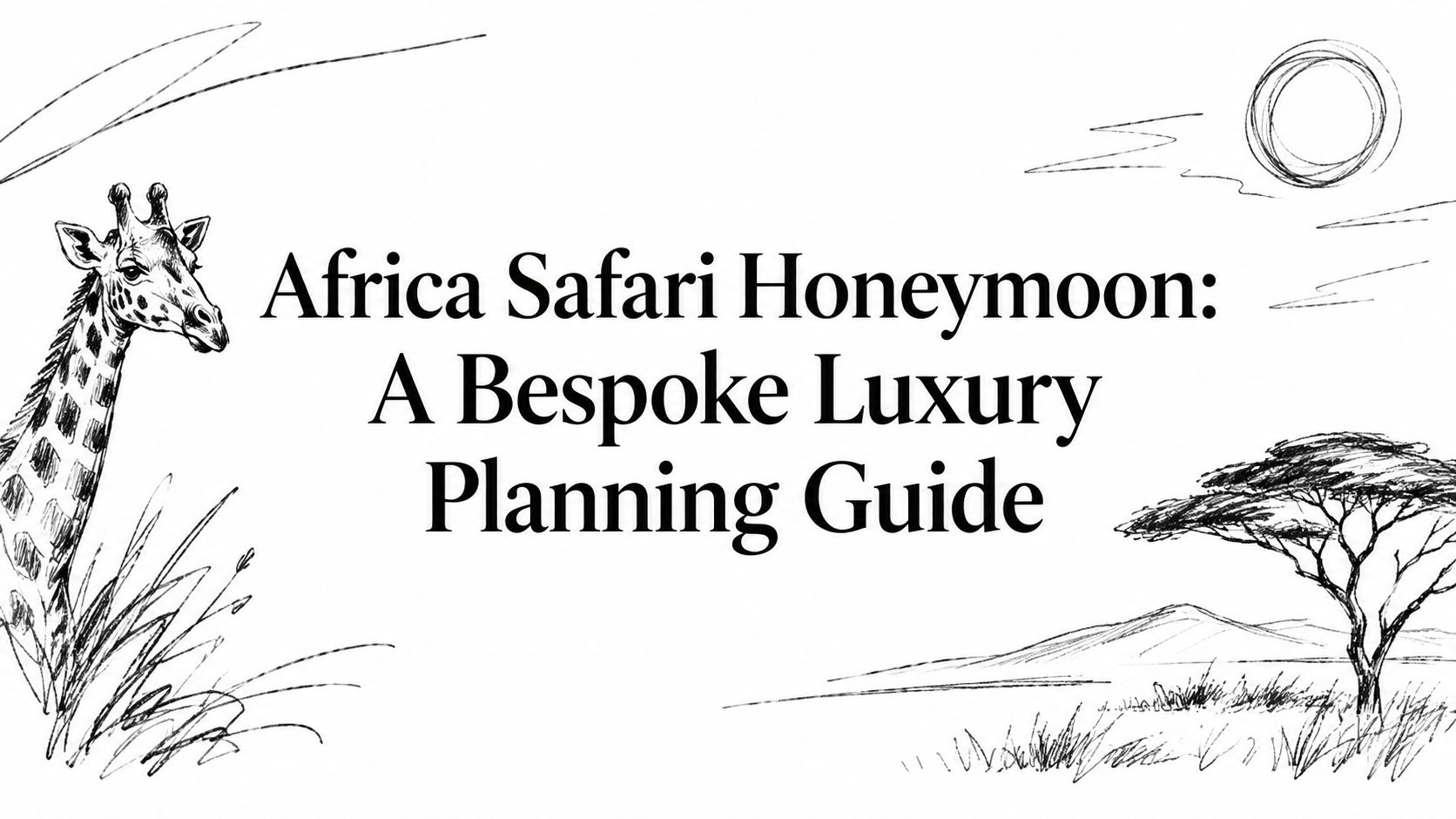 Editorial ink sketch of a giraffe, acacia tree and savanna sunrise titled ‘Africa Safari Honeymoon: A Bespoke Luxury Planning Guide’ | HauteBlack