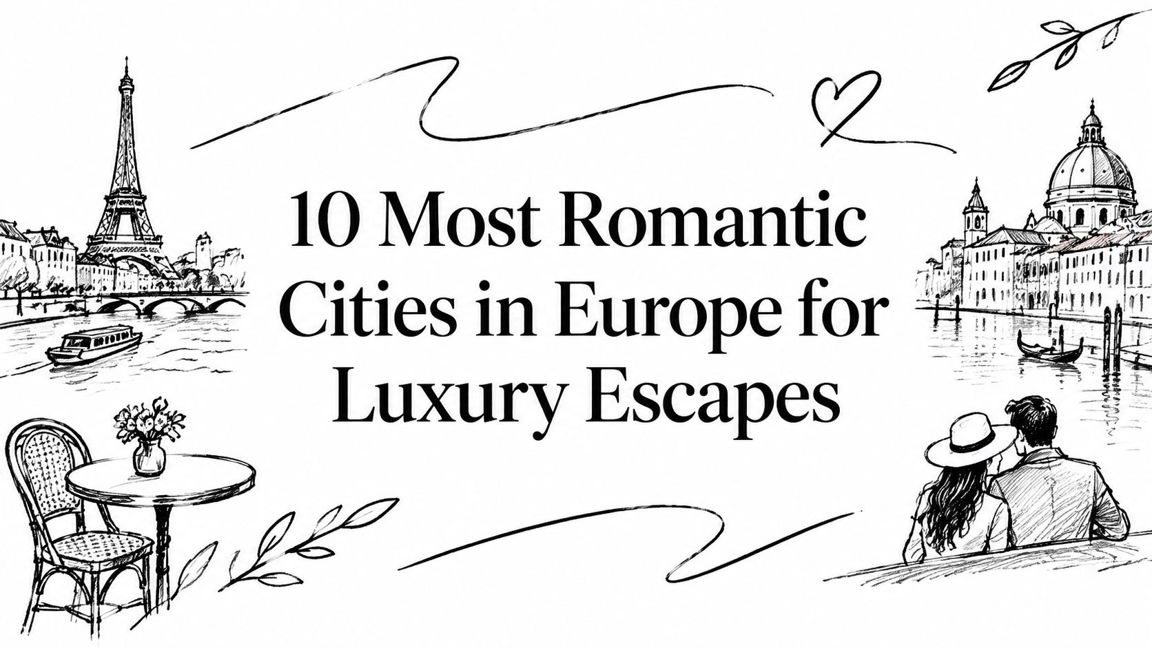 Editorial ink sketch of the Eiffel Tower, a Venetian canal, a café table and a couple titled ‘10 Most Romantic Cities in Europe for Luxury Escapes’ | HauteBlack
