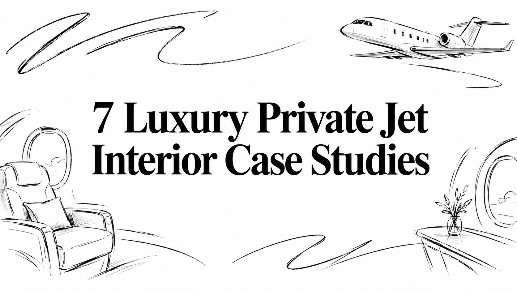 Editorial ink sketch of a private jet, cabin seat and window titled ‘7 Luxury Private Jet Interior Case Studies’ | HauteBlack