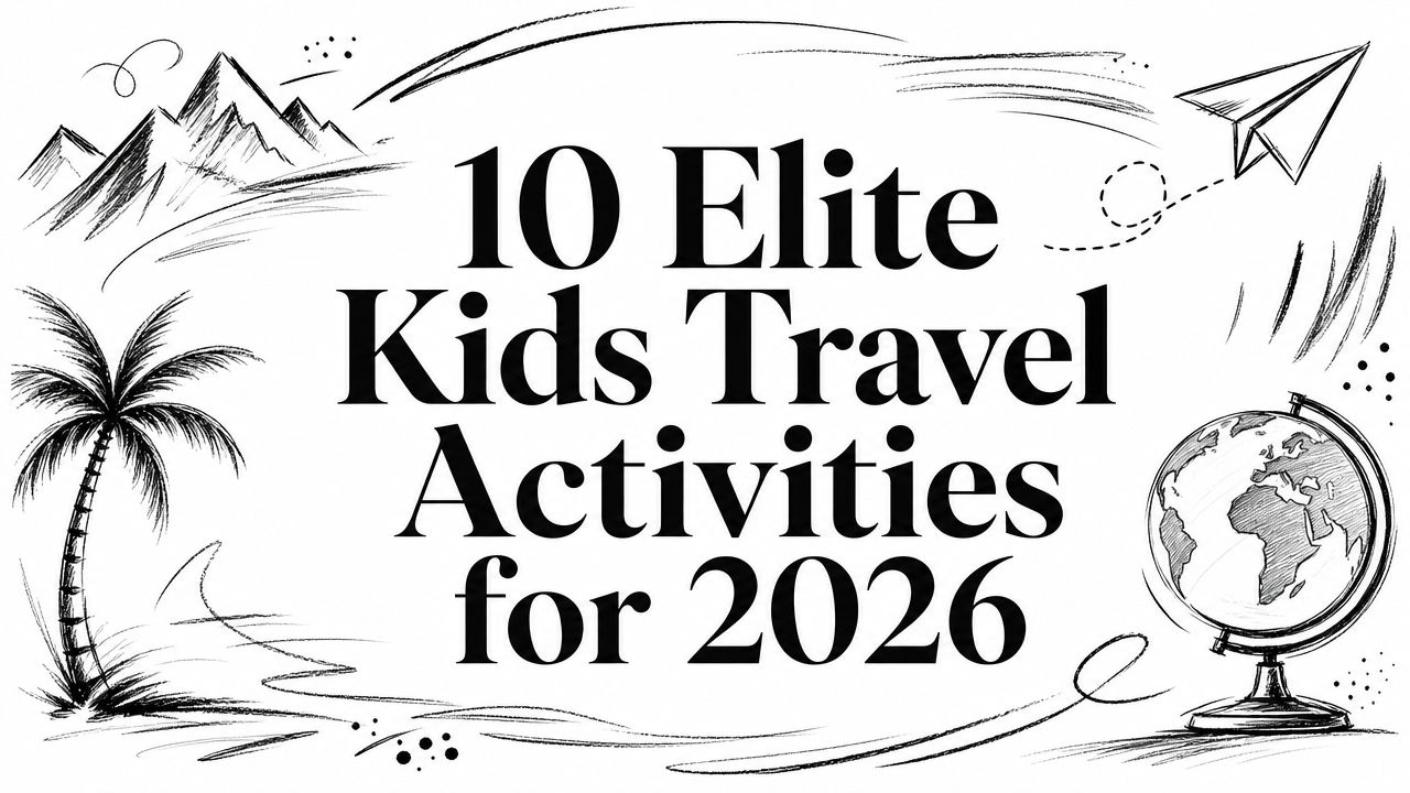 Editorial illustration with the title '10 Elite Kids Travel Activities for 2026' framed by sketched palm tree, mountains, paper plane and globe motifs | HauteBlack