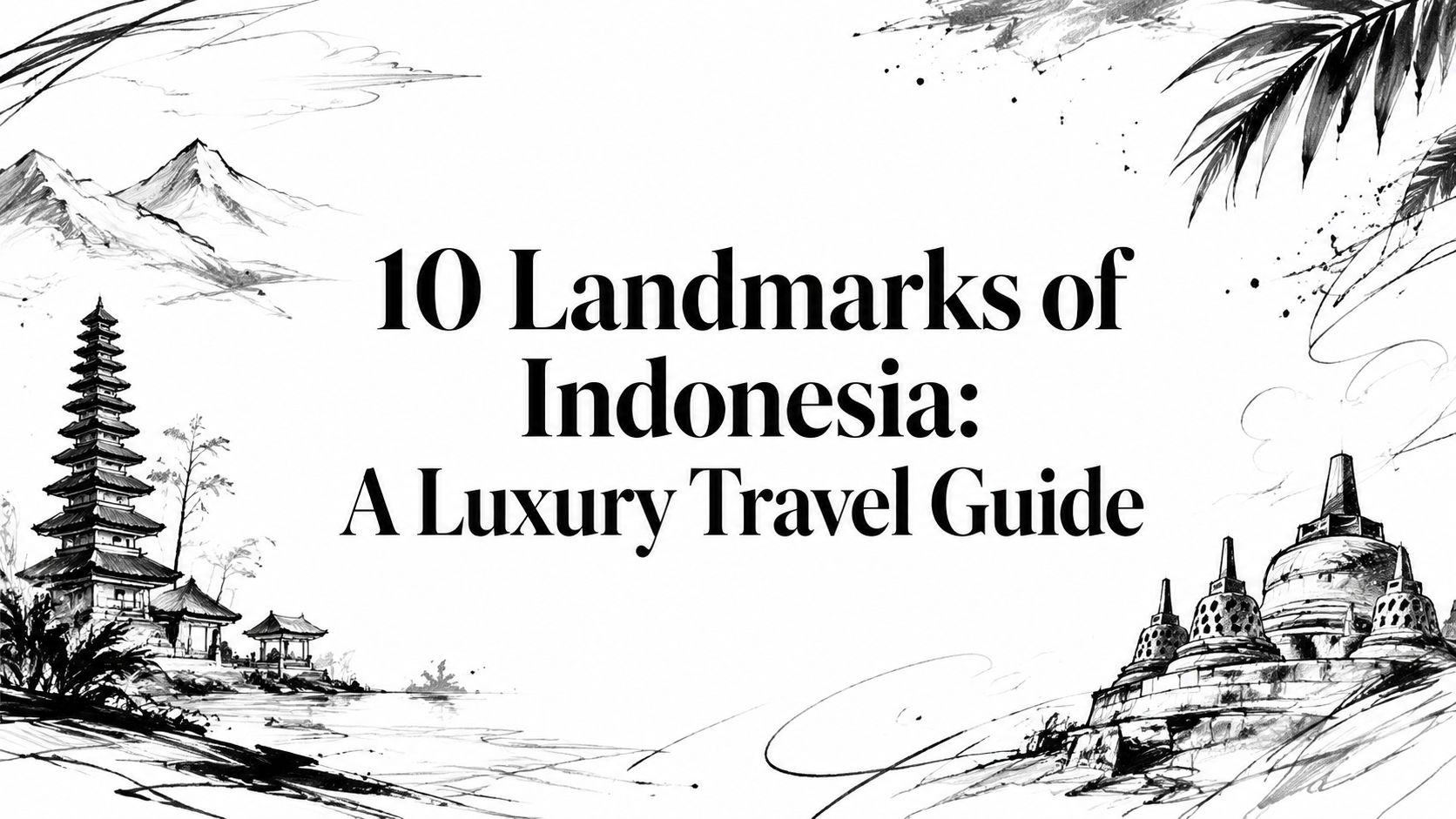 Editorial sketch titled '10 Landmarks of Indonesia: A Luxury Travel Guide' with pagoda, stupa, mountains, and palms | HauteBlack