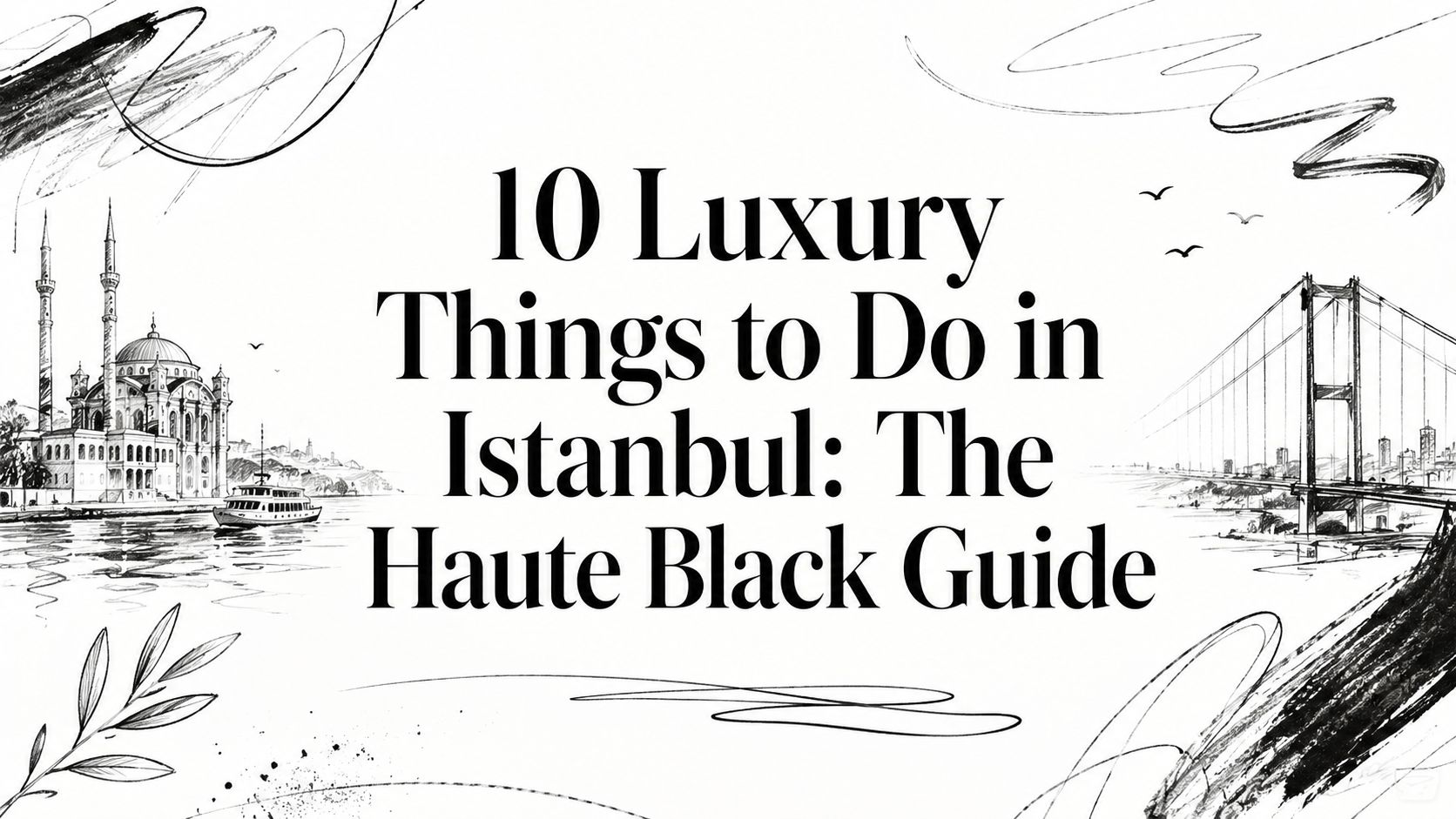 Editorial illustration with the title '10 Luxury Things to Do in Istanbul: The Haute Black Guide' framed by sketched Ortaköy Mosque, Bosphorus boat, and bridge motifs | HauteBlack