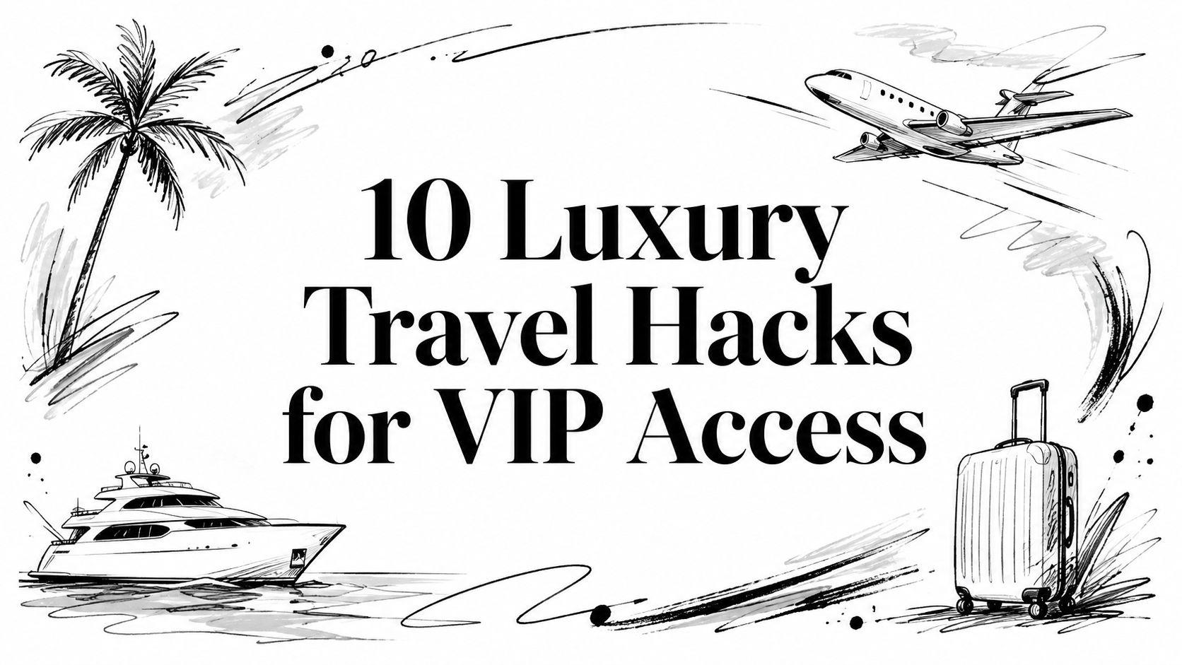 Editorial ink sketch of a palm, yacht, private jet and suitcase titled ‘10 Luxury Travel Hacks for VIP Access’ | HauteBlack