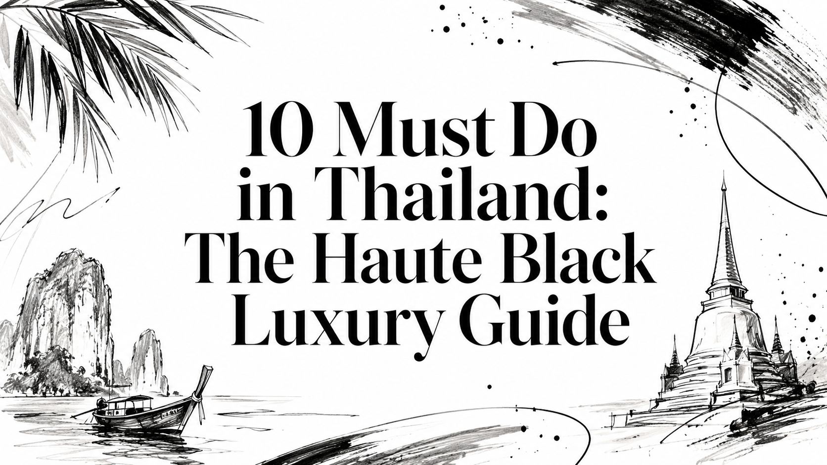 Editorial illustration with the title '10 Must Do in Thailand: The HauteBlack Luxury Guide' set against ink-brushed limestone karsts, a longtail boat, and a Thai temple stupa.