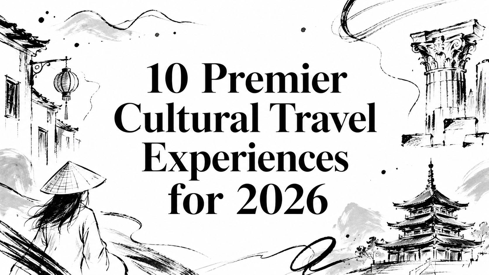 Editorial sketch titled '10 Premier Cultural Travel Experiences for 2026' with pagoda, classical column, and traveler | HauteBlack