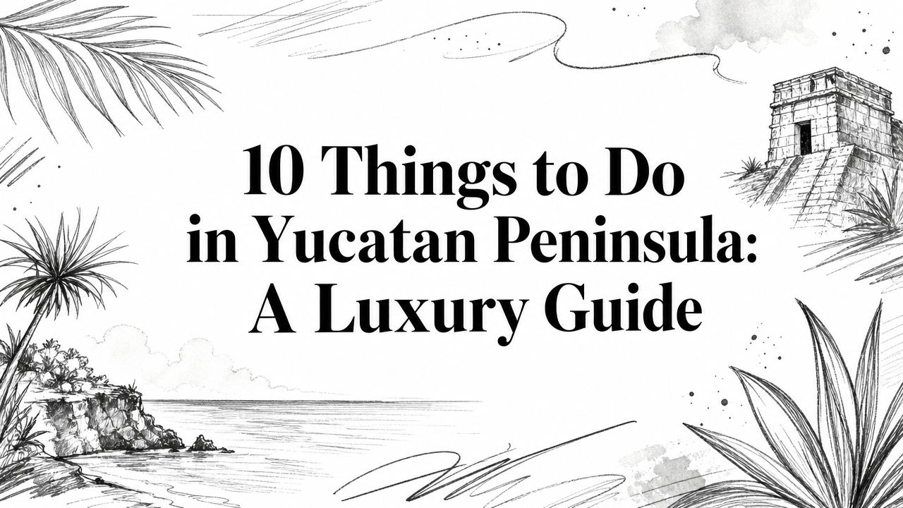 Editorial illustration with the title '10 Things to Do in Yucatan Peninsula: A Luxury Guide' framed by sketched palms, Maya ruins, and coastline motifs | HauteBlack