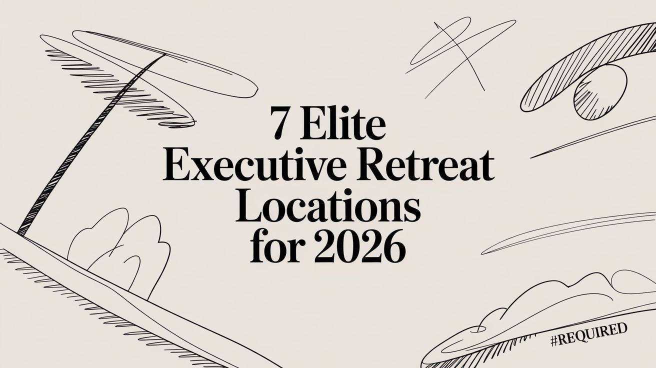 Editorial illustration with the title '7 Elite Executive Retreat Locations for 2026' surrounded by hand-drawn sketches of a private jet, mountain, and luxury setting | HauteBlack