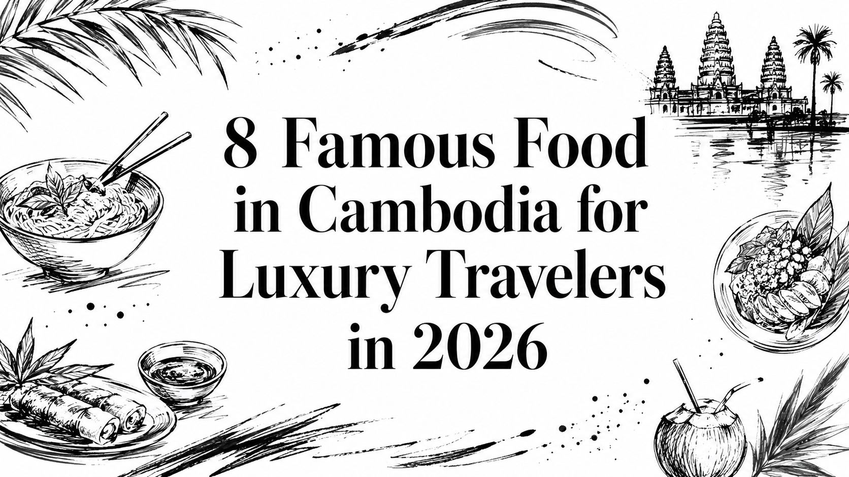 Editorial sketch of Cambodian dishes, Angkor Wat and Khmer aromatics for famous food in Cambodia luxury travelers 2026 guide | HauteBlack