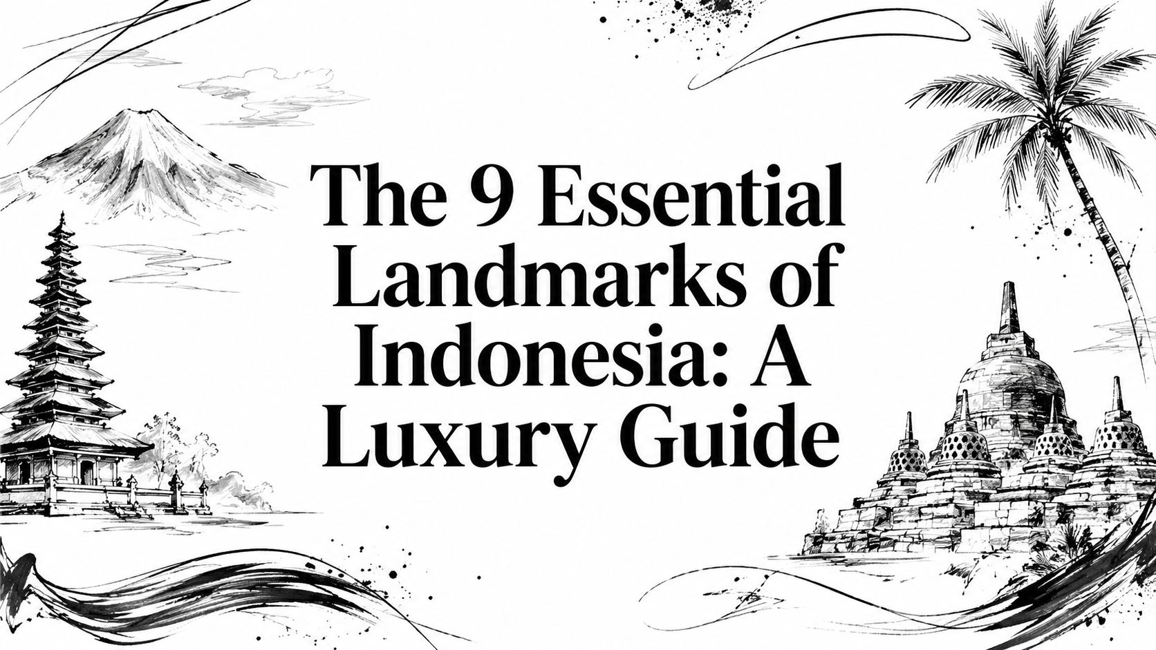 Editorial illustration titled 'The 9 Essential Landmarks of Indonesia: A Luxury Guide' with sketched volcano, pagoda, palm and Borobudur stupas | HauteBlack