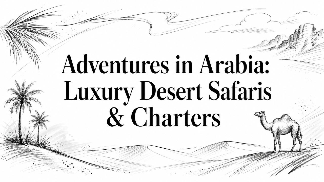 Illustrated editorial cover for Adventures in Arabia featuring desert dunes, palms, a camel, and distant mountains | HauteBlack