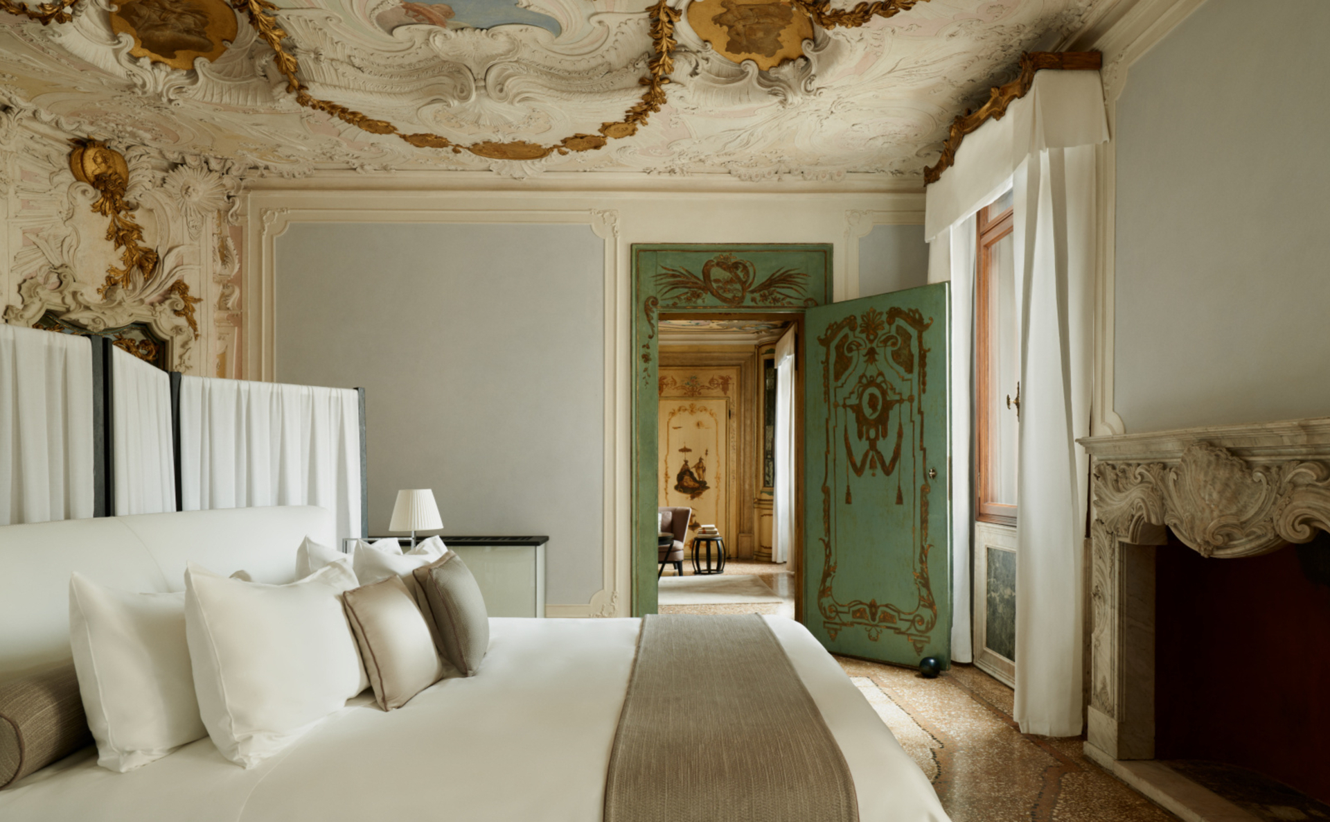 Aman Venice Palazzo Papadopoli — Grand Canal Suite with original 16th-century frescoes and Venetian terrazzo floors