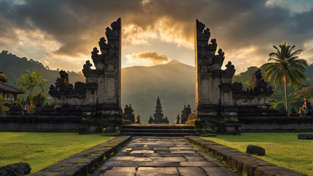Ancient Balinese temple gate with volcanic mountain backdrop at sunset, Ubud Bali — HauteBlack bespoke journey