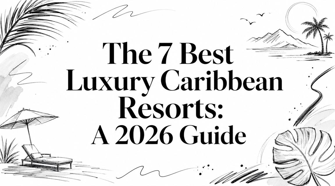 Editorial illustration with the title 'The 7 Best Luxury Caribbean Resorts: A 2026 Guide' framed by sketched palms, a lounger, and tropical motifs | HauteBlack