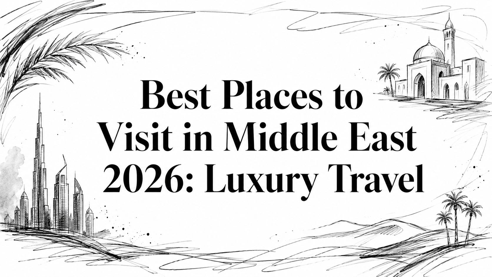 Editorial sketch of Middle East luxury travel — Dubai skyline, mosque, desert, and palms | HauteBlack