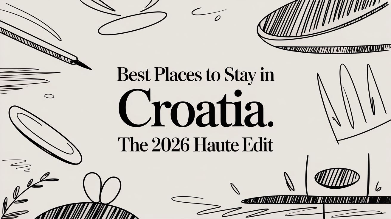 Editorial illustration of Croatian coastal scenery with sketched yachts and villas — best places to stay in Croatia 2026 | HauteBlack