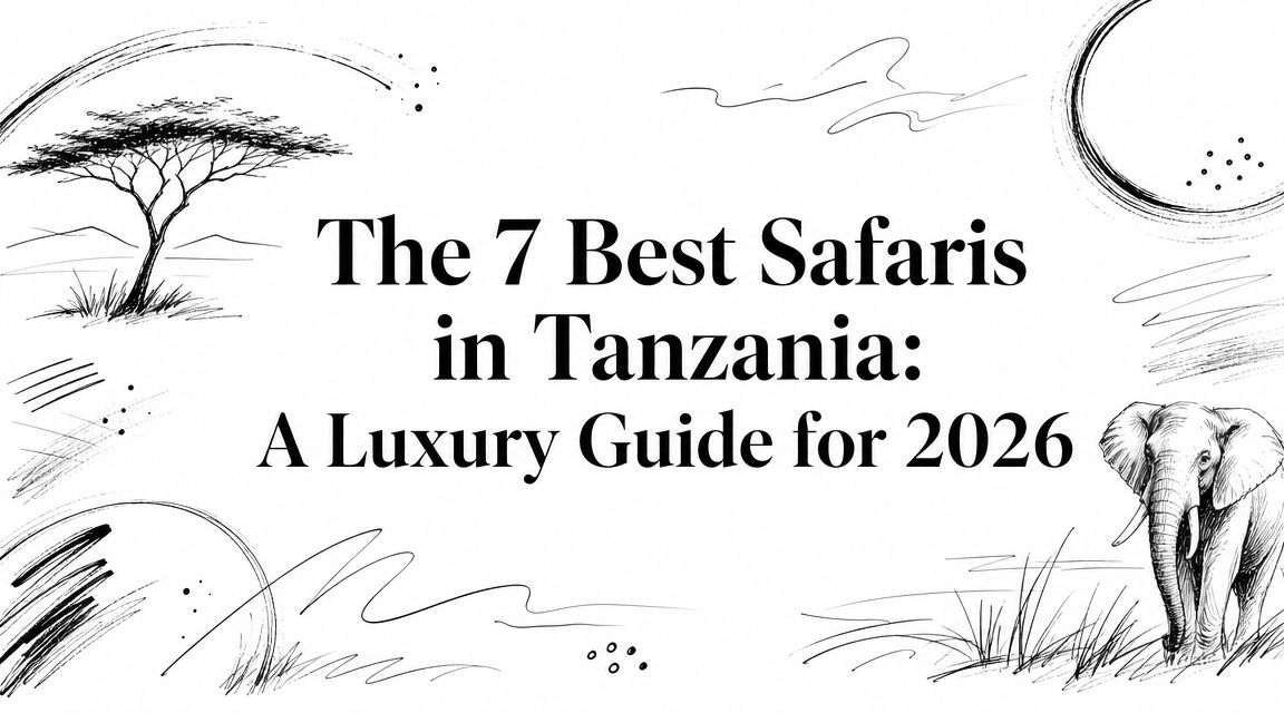 Editorial illustration titled 'The 7 Best Safaris in Tanzania: A Luxury Guide for 2026' with hand-sketched acacia tree and elephant | HauteBlack
