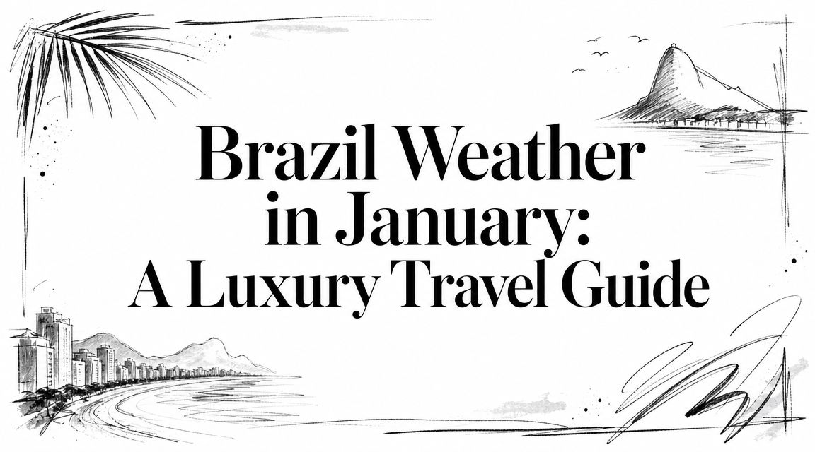 Editorial illustration with the title 'Brazil Weather in January: A Luxury Travel Guide' over a sketched Rio coastline.