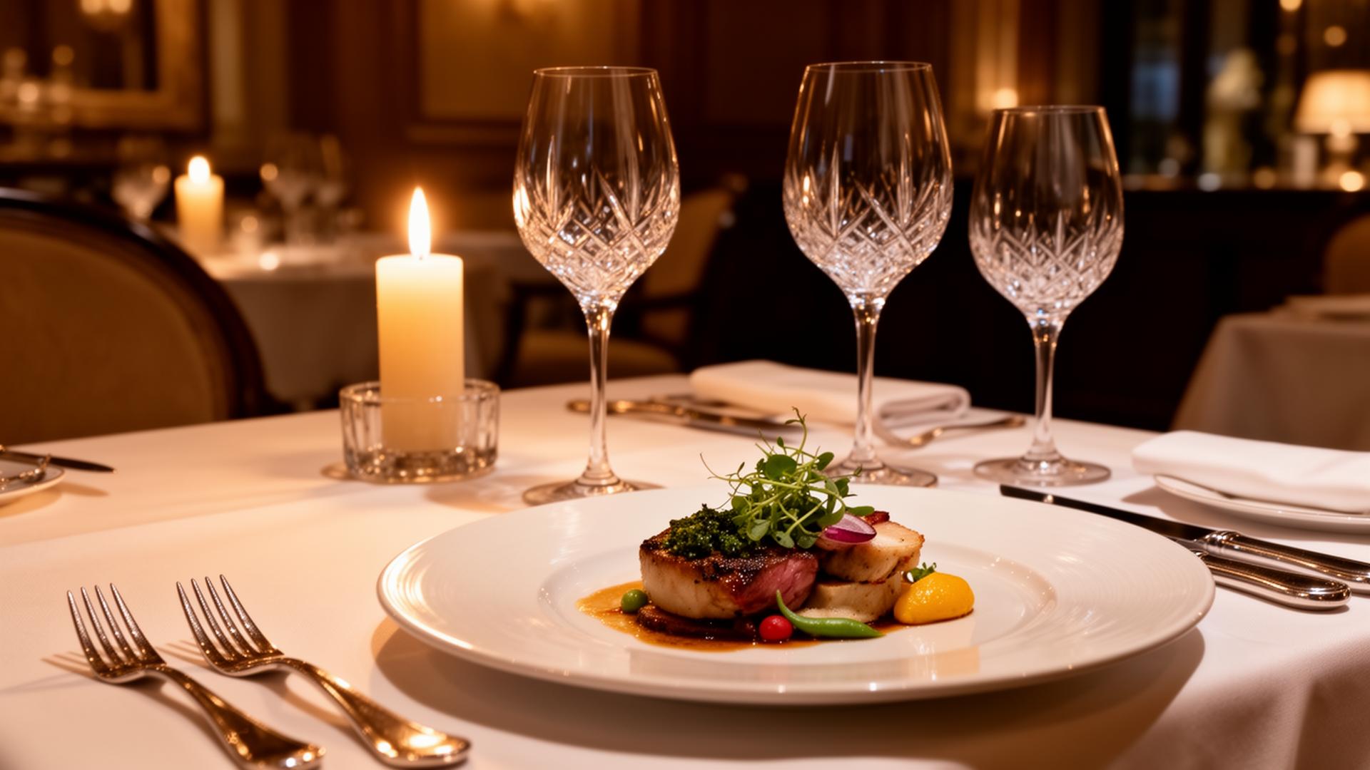 Elegant fine dining table setting with gourmet cuisine