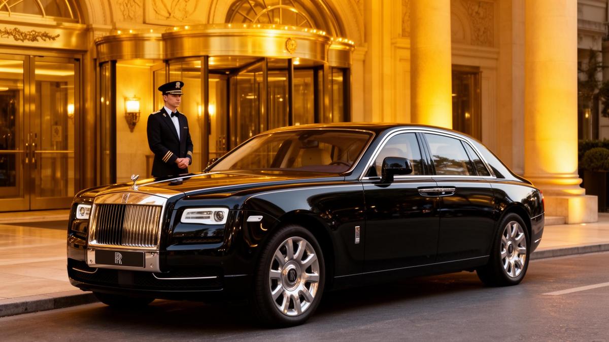 Luxury black sedan with chauffeur in front of a grand hotel