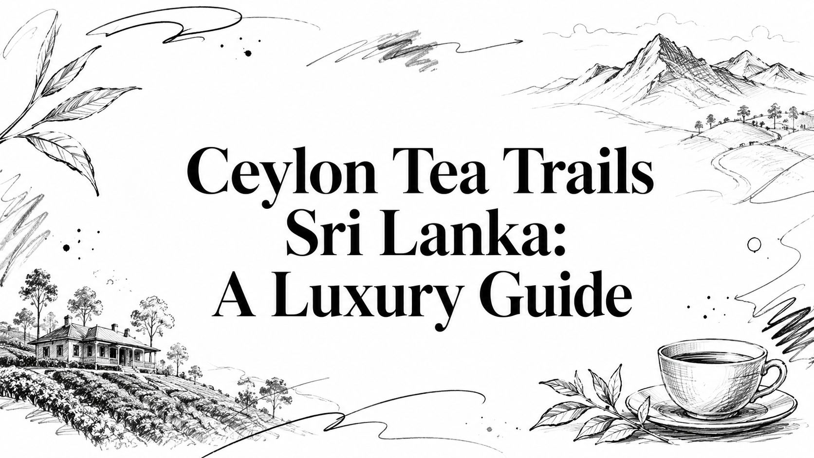 Illustrated editorial cover for Ceylon Tea Trails Sri Lanka: A Luxury Guide featuring a hill-country planter's bungalow, tea terraces, and a teacup | HauteBlack