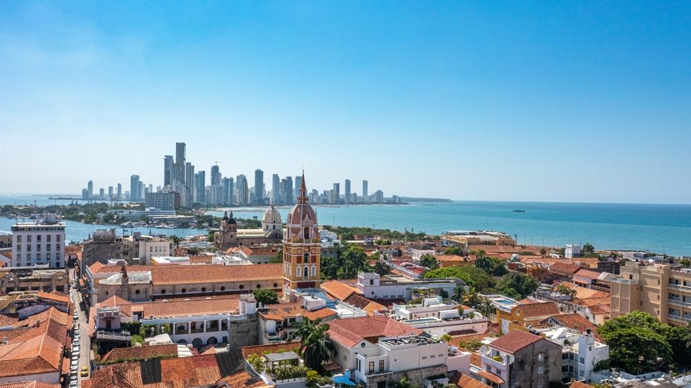 Aerial view of Cartagena Colombia colorful colonial walled city at golden hour — HauteBlack golden triangle