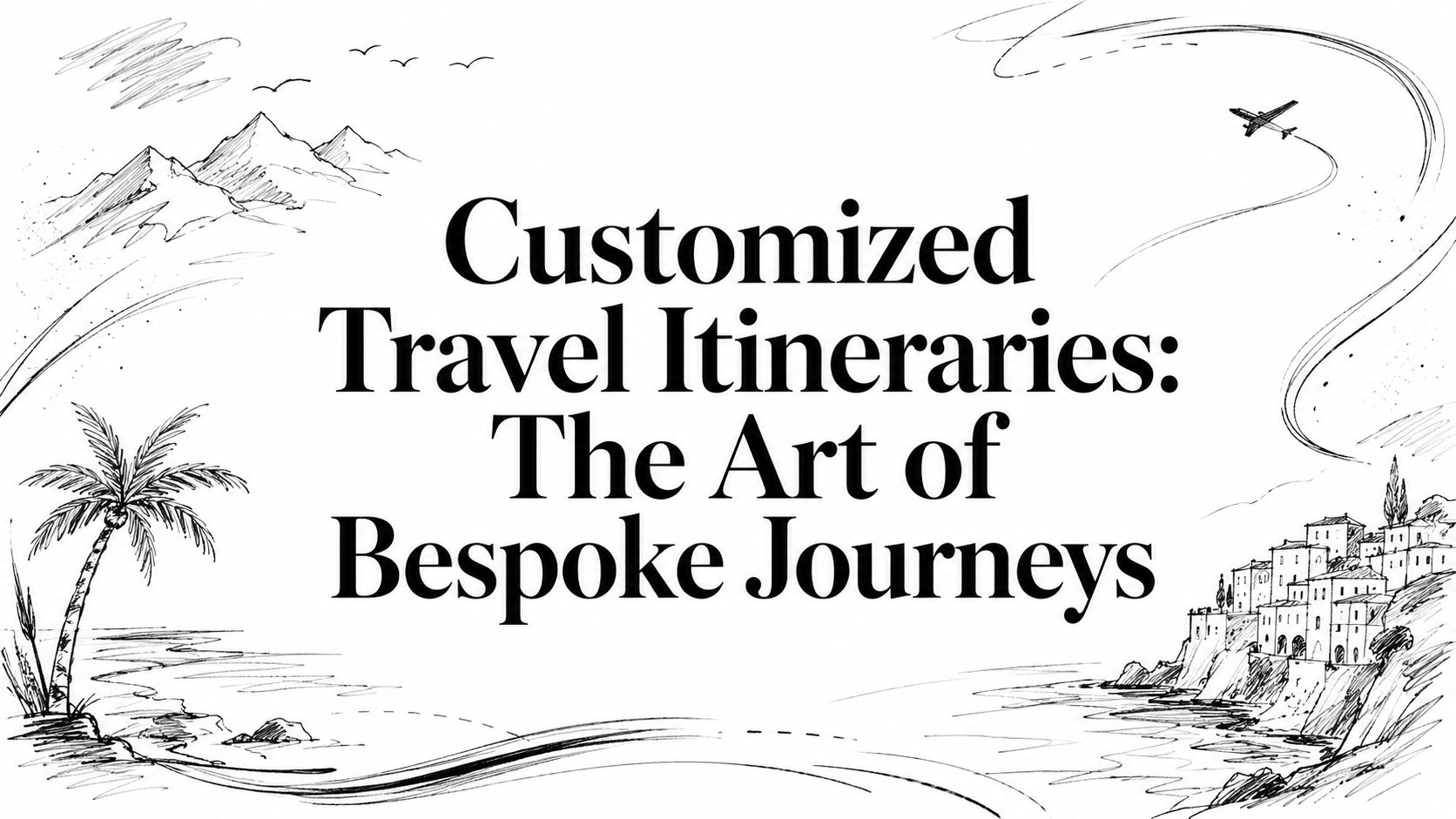 Customized Travel Itineraries: The Art of Bespoke Journeys editorial cover with hand-drawn coastline, mountains, palm, and plane illustrations | HauteBlack