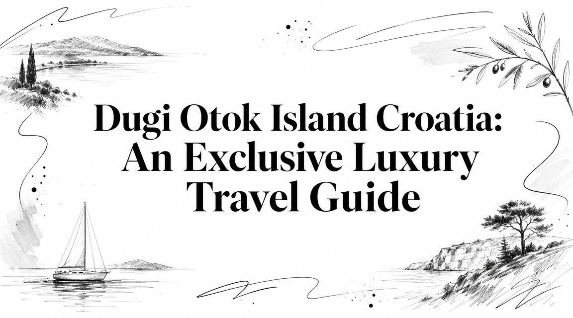 Dugi Otok Island Croatia: An Exclusive Luxury Travel Guide editorial cover with sailboat, Adriatic coastline, and olive branch illustration | HauteBlack