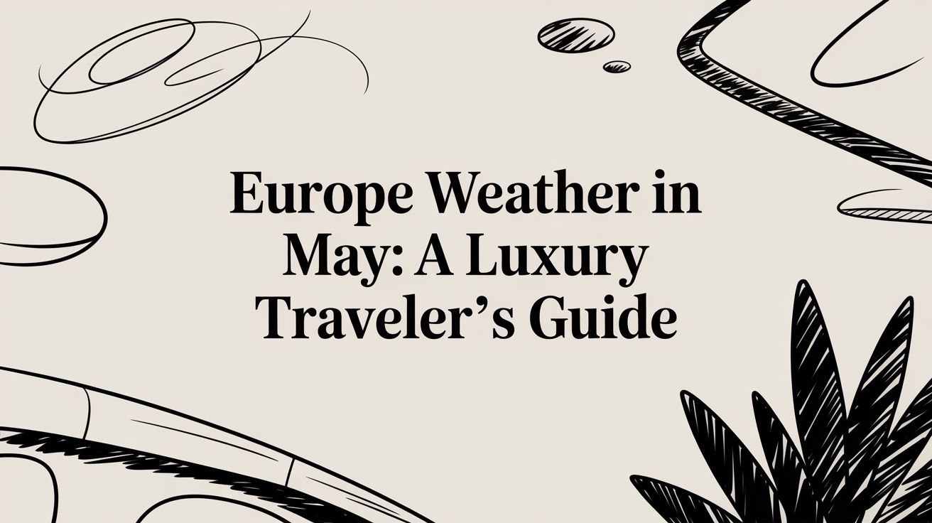 Editorial illustration with the title 'Europe Weather in May: A Luxury Traveler's Guide' framed by sketched travel and nature motifs | HauteBlack