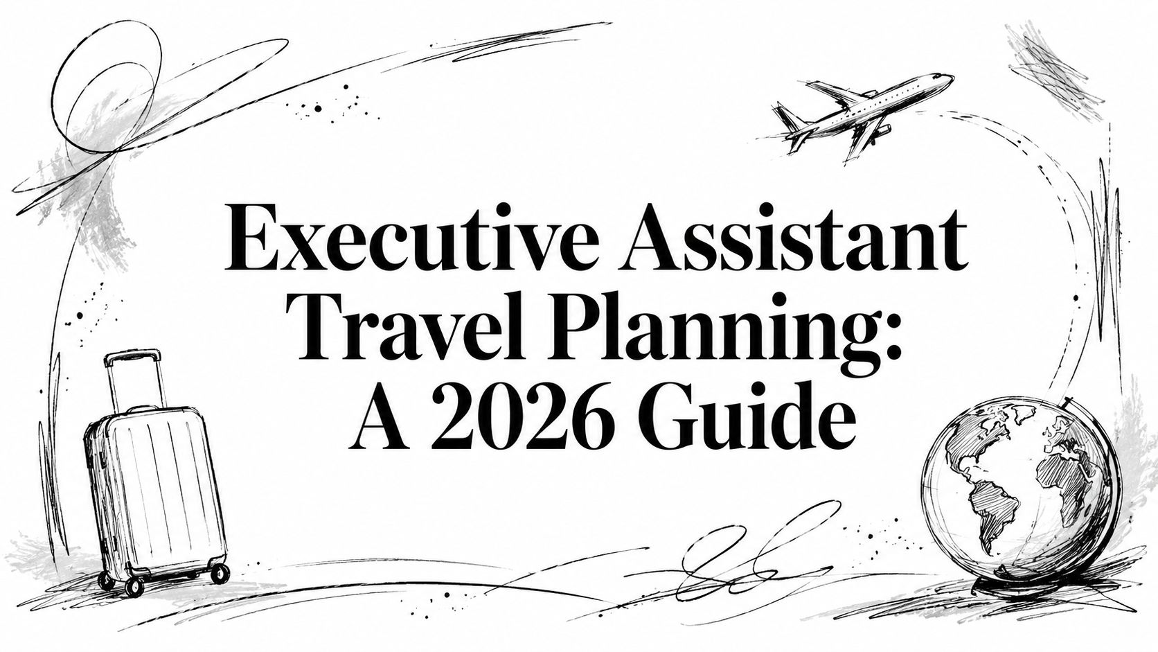 Editorial sketch of a suitcase, aircraft and globe titled ‘Executive Assistant Travel Planning: A 2026 Guide’ | HauteBlack