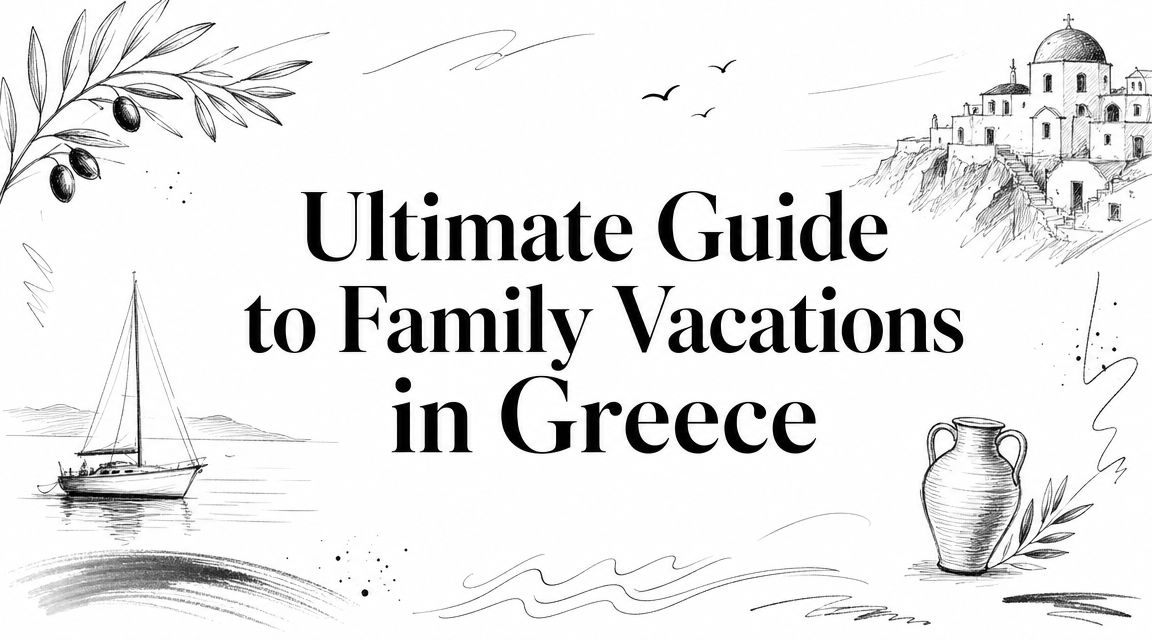 Editorial illustration with the title 'Ultimate Guide to Family Vacations in Greece' — sailboat, Cycladic village, olive branch, and amphora.
