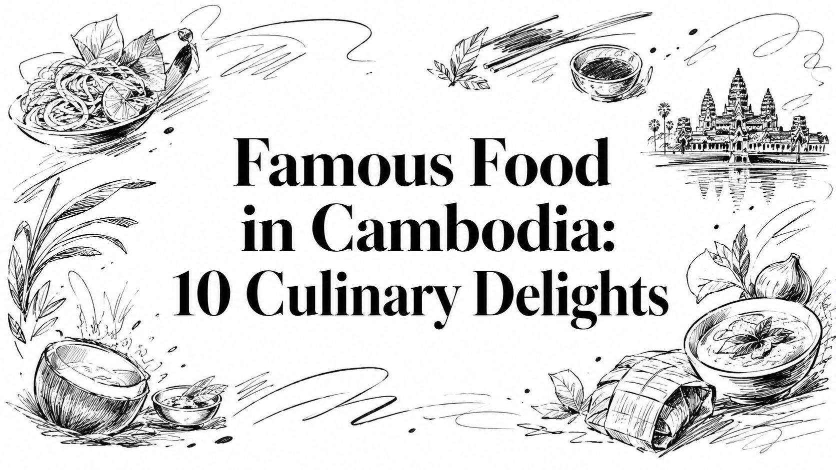 Editorial sketch of Cambodian dishes, Angkor Wat, and Khmer aromatics for famous food in Cambodia guide | HauteBlack