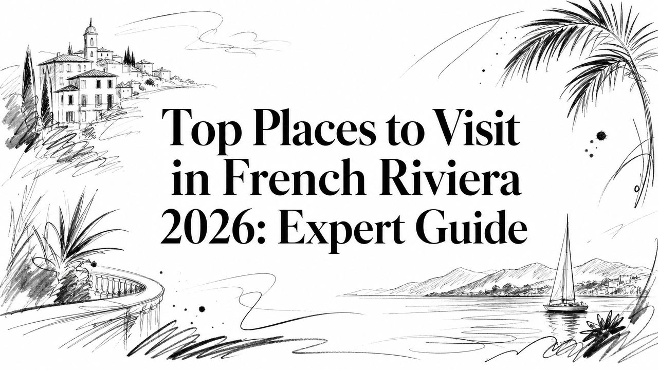 Editorial illustration with the title 'Top Places to Visit in French Riviera 2026: Expert Guide'