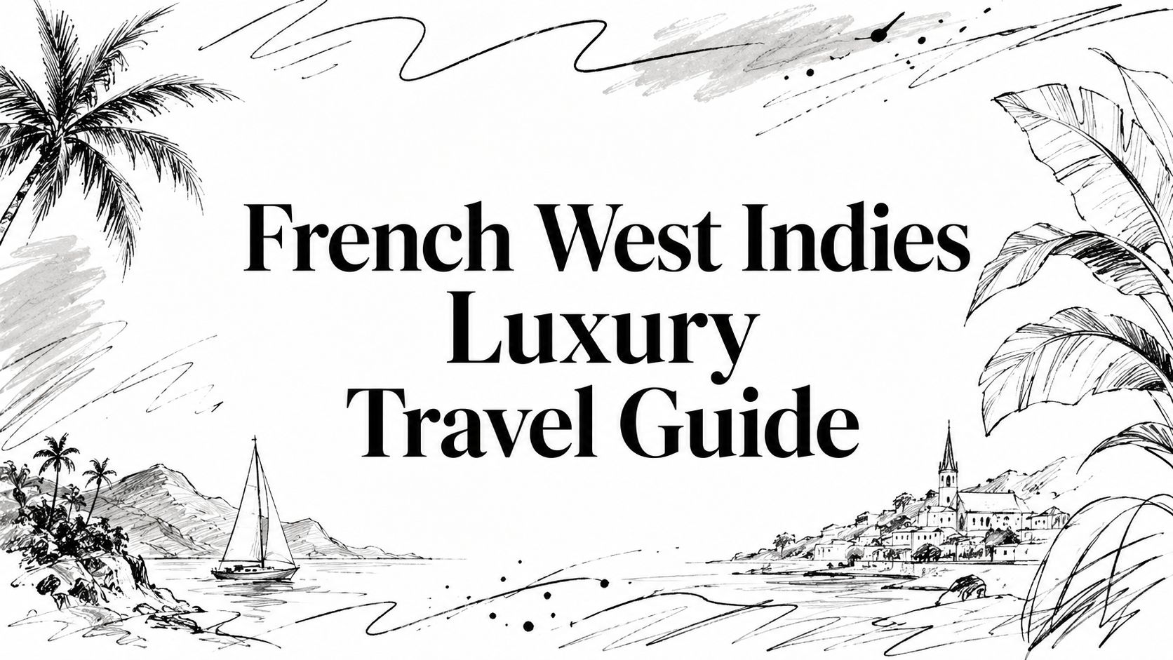 Editorial sketch titled 'French West Indies Luxury Travel Guide' with palms, sailboat, and Caribbean village church | HauteBlack