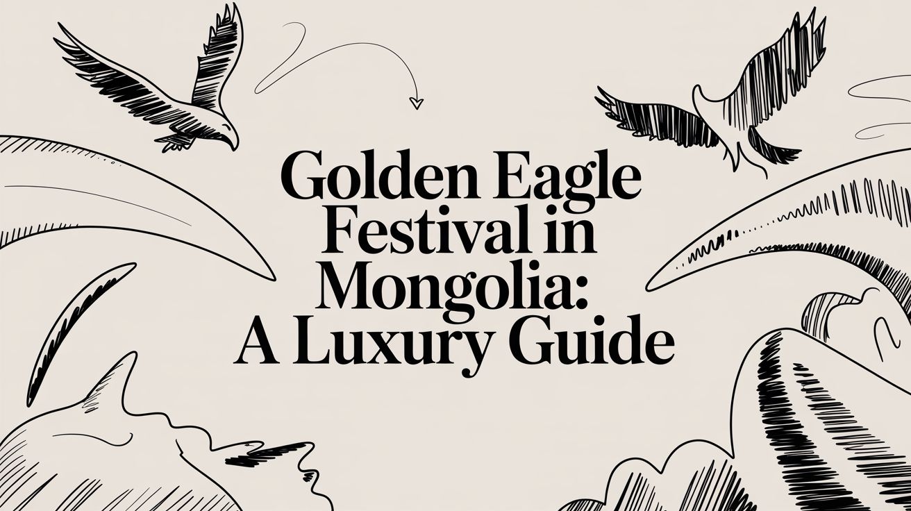 Editorial illustration of golden eagles in flight over the Altai Mountains — Golden Eagle Festival in Mongolia luxury guide | HauteBlack