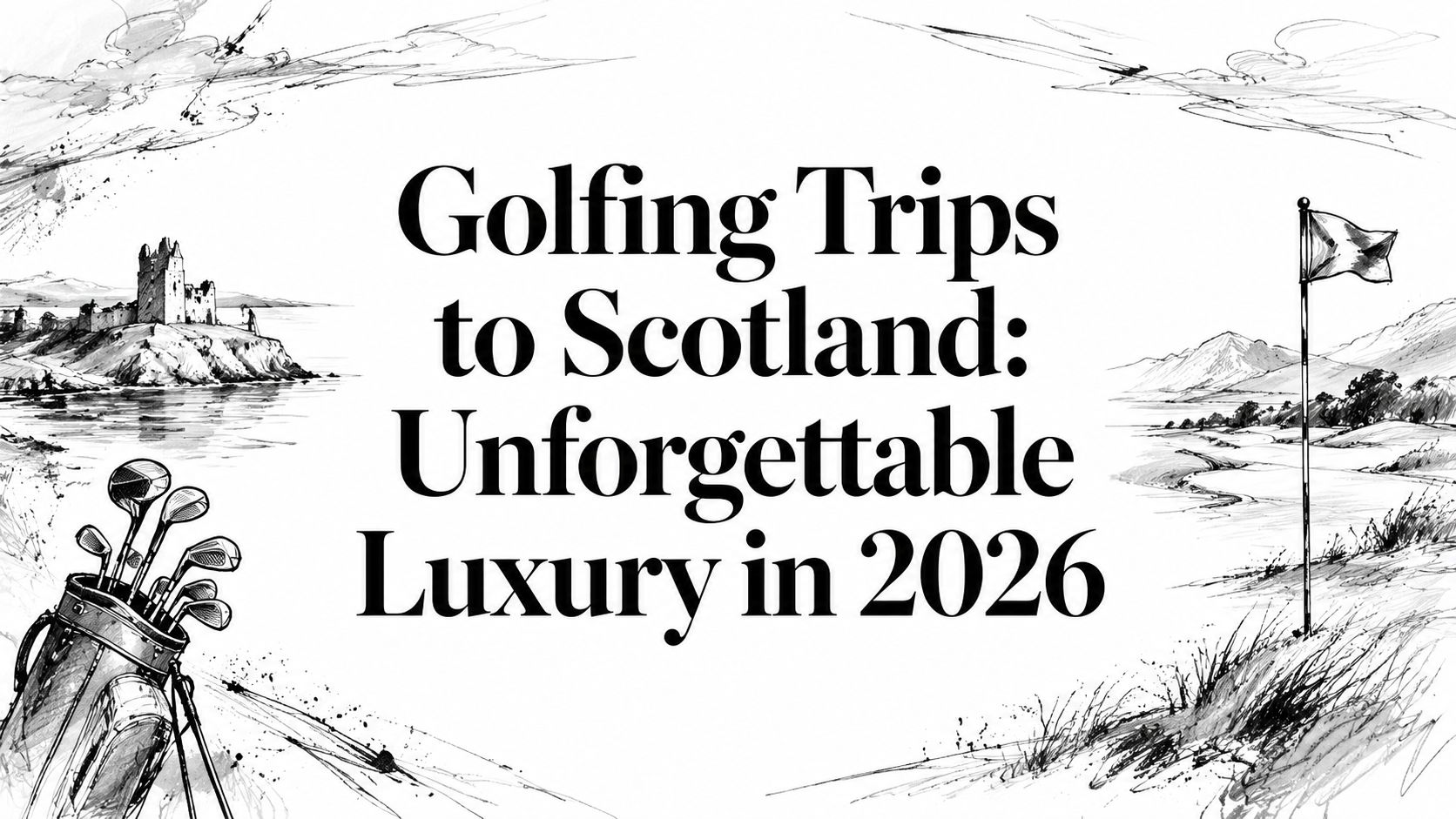 Editorial sketch titled 'Golfing Trips to Scotland: Unforgettable Luxury in 2026' with a castle, links fairway, flagstick, and golf bag | HauteBlack