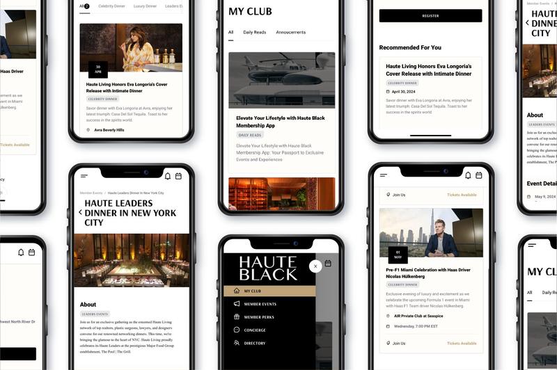 HauteBlack app network and member directory screens
