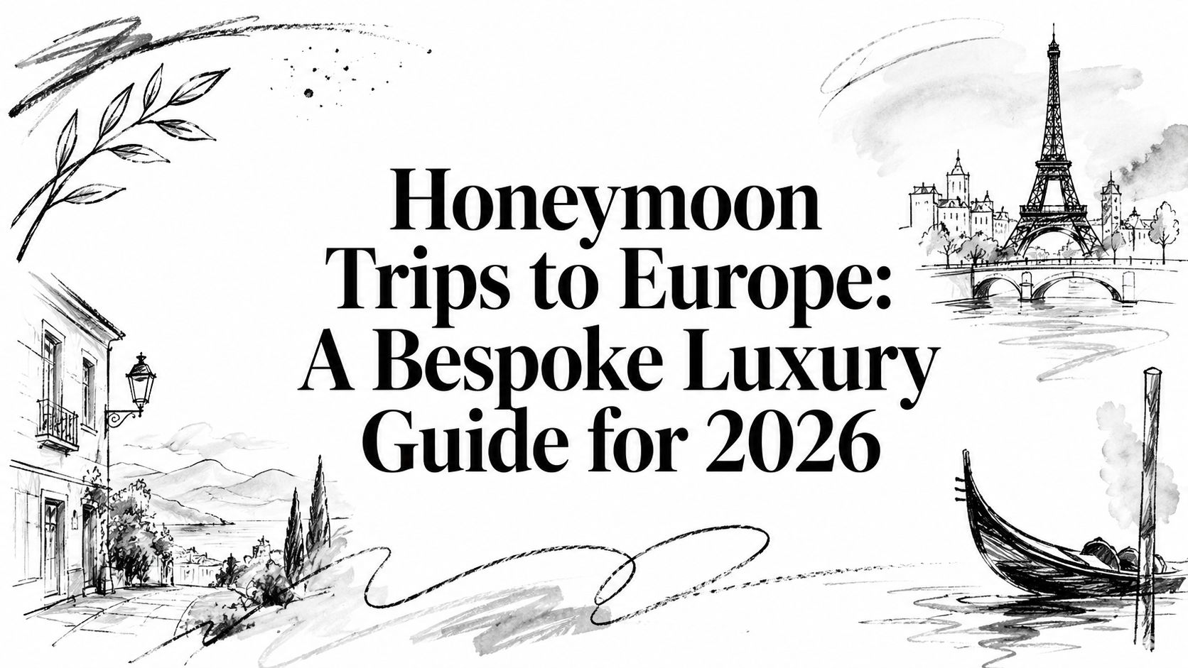 Illustrated editorial cover for Honeymoon Trips to Europe: A Bespoke Luxury Guide for 2026 with Eiffel Tower, Mediterranean village, and Venetian gondola | HauteBlack