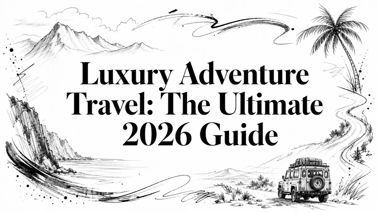 Luxury Adventure Travel 2026 Guide cover illustration with mountains, palm tree, and expedition vehicle | HauteBlack