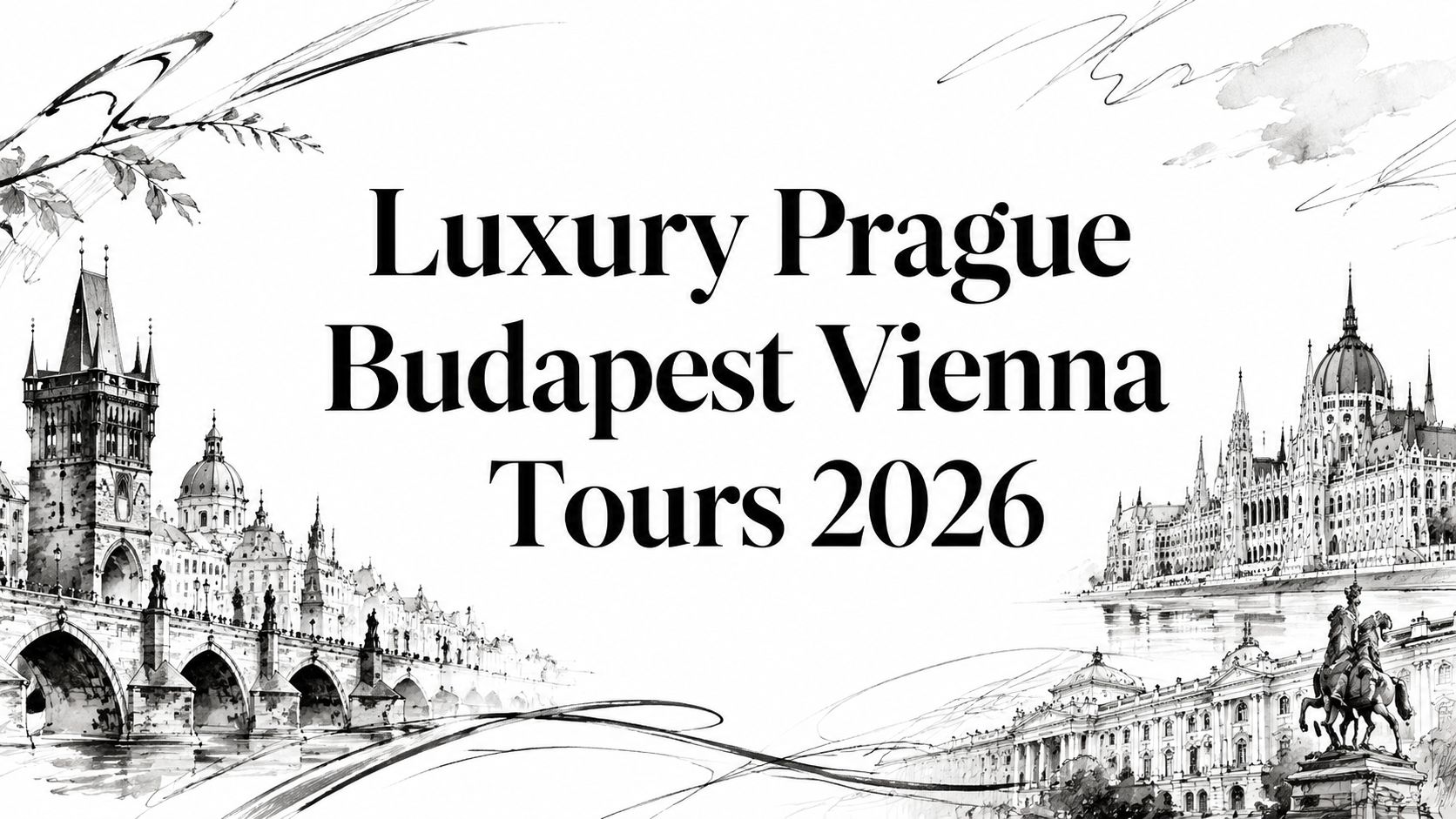 Editorial illustration with the title 'Luxury Prague Budapest Vienna Tours 2026' framed by sketched Charles Bridge, Vienna palaces and Budapest Parliament motifs | HauteBlack
