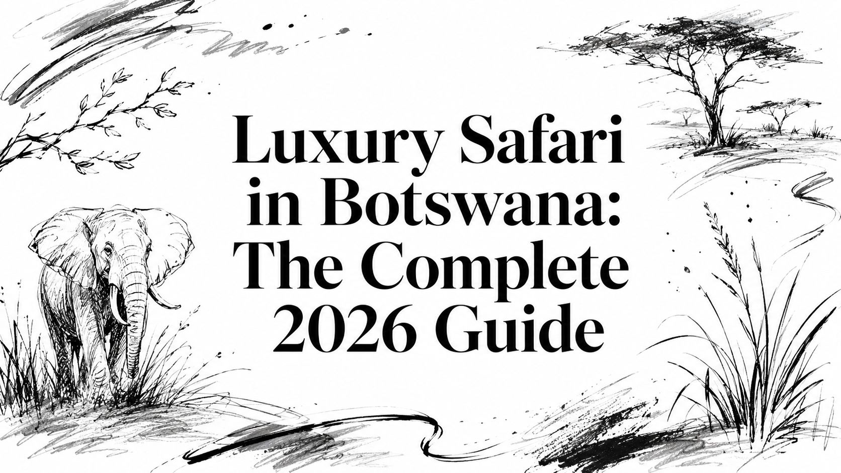 Editorial ink sketch of an elephant, acacia tree and savannah grass titled ‘Luxury Safari in Botswana: The Complete 2026 Guide’ | HauteBlack