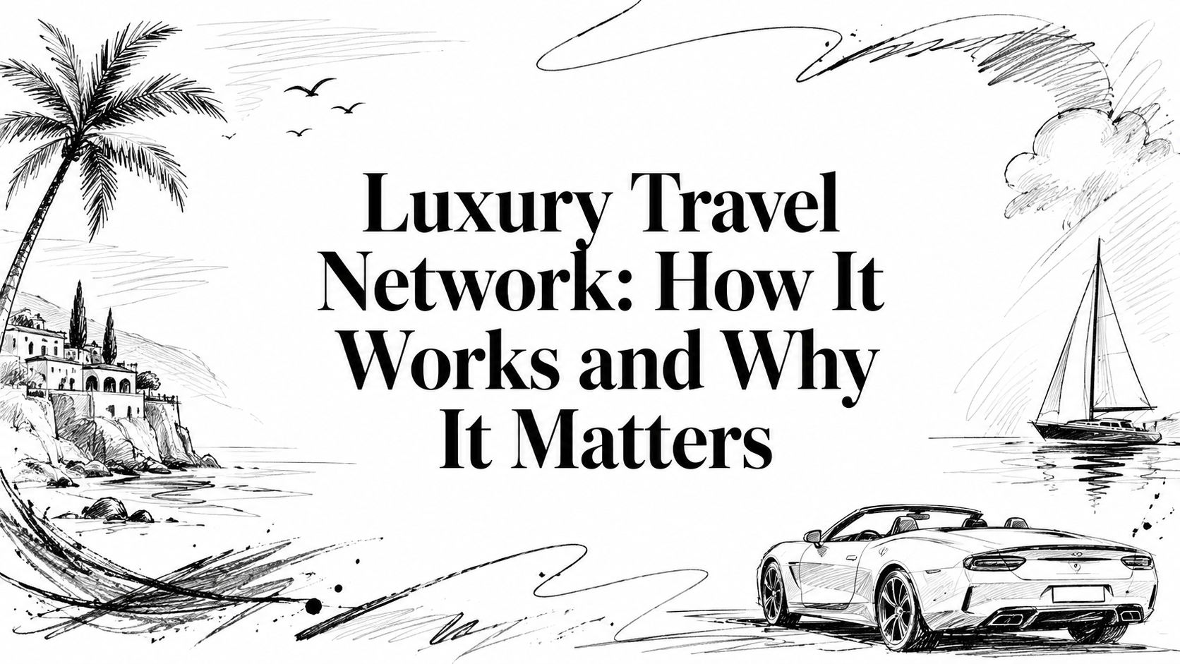 Illustrated editorial cover for Luxury Travel Network: How It Works and Why It Matters with palm tree, coastal villa, sailboat, and convertible | HauteBlack
