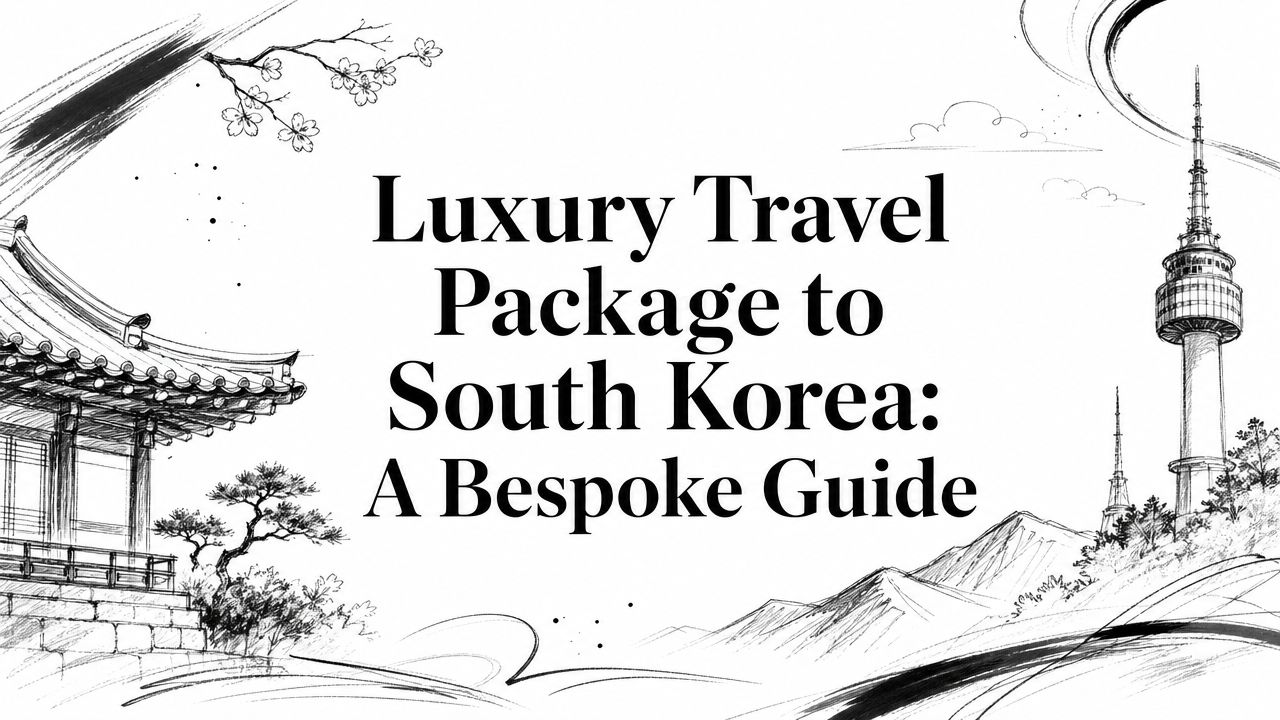 Editorial illustration with the title 'Luxury Travel Package to South Korea: A Bespoke Guide' framed by sketched hanok, mountain and Seoul tower motifs | HauteBlack
