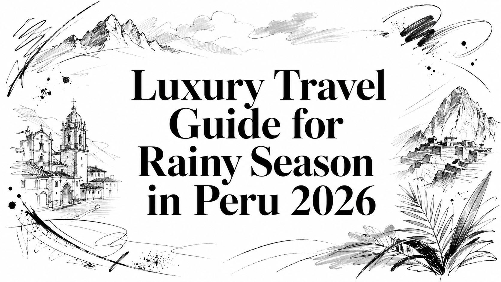 Editorial illustration titled 'Luxury Travel Guide for Rainy Season in Peru 2026' with sketched Andes, colonial cathedral, Machu Picchu and rainforest palms | HauteBlack