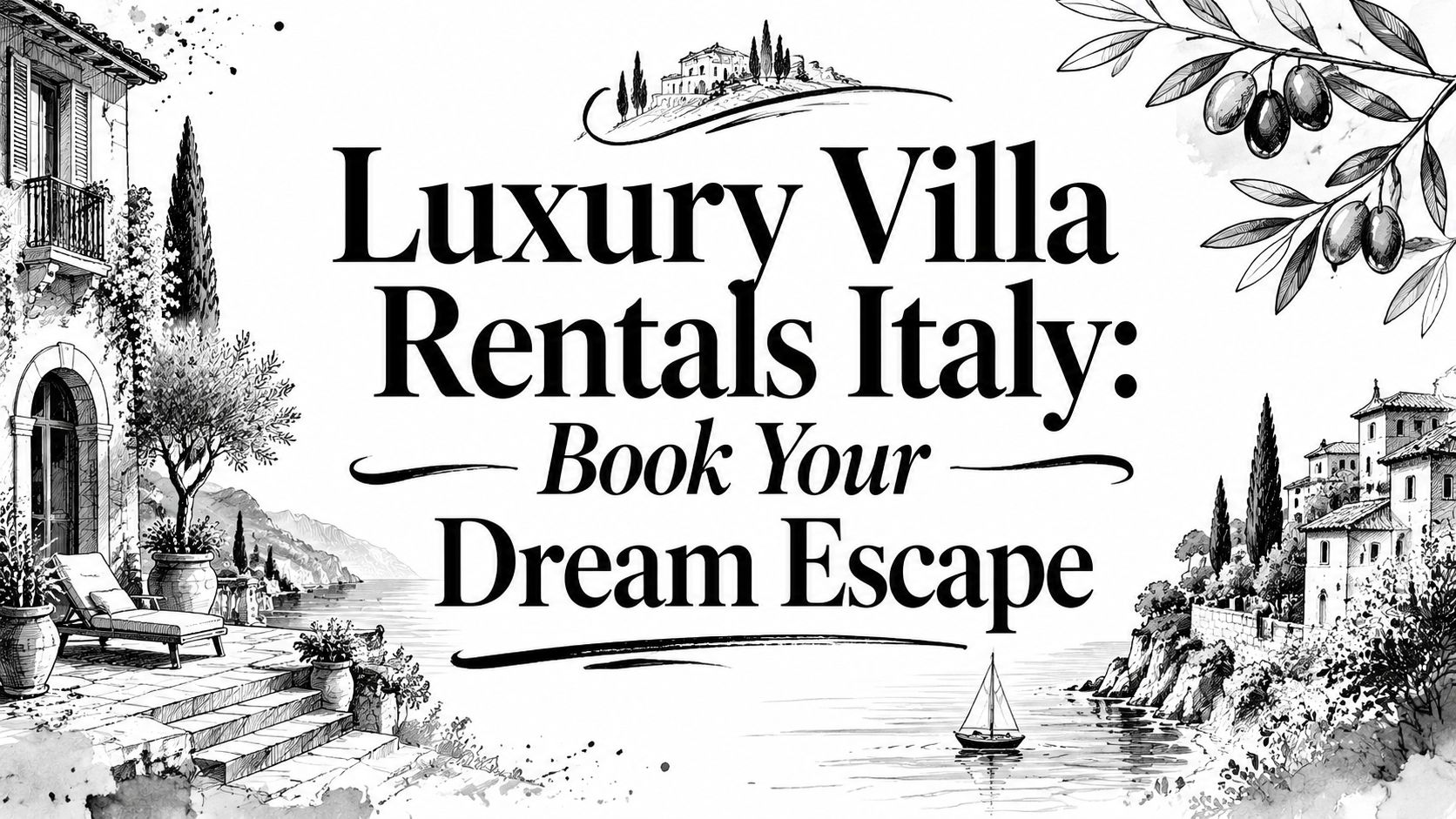 Luxury Villa Rentals Italy: Book Your Dream Escape editorial cover with Italian villa and coastal illustration | HauteBlack